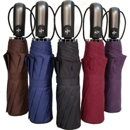 Fully-automatic Three Folding Male Commercial Compact Large Strong Frame Windproof 10Ribs Gentle Black Umbrellas Travel