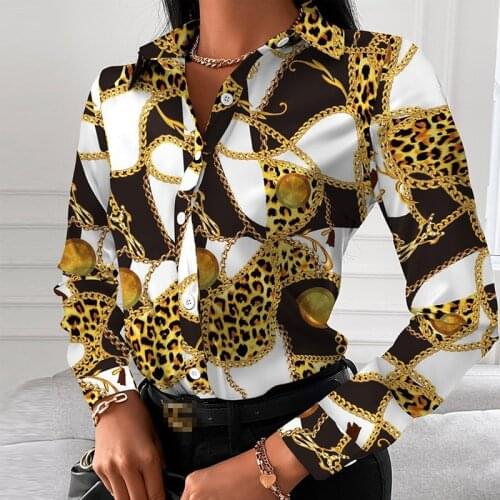 Casual Button Long Sleeve Autumn Tops Blusas Lady Chain Leopard Print Office Shirt Fashion Turn-down Collar Elegant Women Blouse