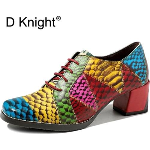 Retro Serpentine Women Pumps Oxfords Shoes Spring Hand-Printed Stitching Thick High Heel Lady Shoes Ethnic Genuine Leather Pumps