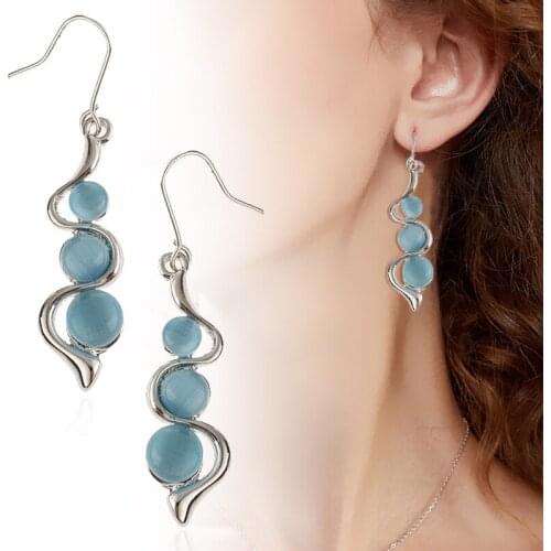 Vintage Opal Wave Dangle Earring Fashion Cat Eye Opal Jewelry For Female Banquet Bohemia Hook Earring Silver Color Ear Jewelry