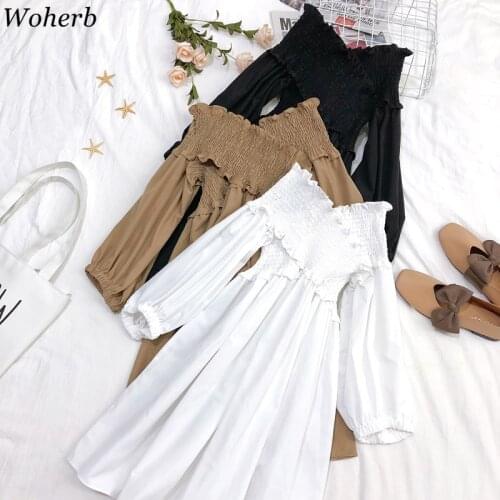 Woherb Sexy Off Shoulder Long Sleeve Dress Women Crossed Pleated Vestidos 2020 Spring Summer Elegant Party Dresses Robe 25645