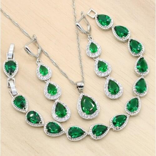 Women Silver Color Jewelry Sets Green White Black Cubic Zircon Bracelet Long Earrings Pendant Necklace Free Christmas Gift