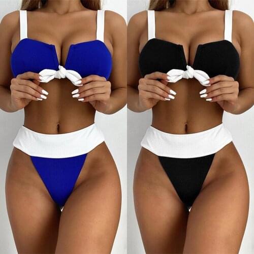 Women New Swimsuit Solid Color Patchwork Lady Stitching 2pcs Set Bikini Bathing Women High Waist Summer Sexy Clothing Swimwear
