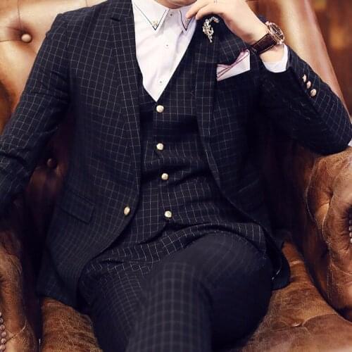 2017 Slim Fine Plaid Formal Men Suits 3 Pieces Set Suit One Button Fashion Weeding Groom Suits(Jacket+Pant+Vest+Handkerchiefs)