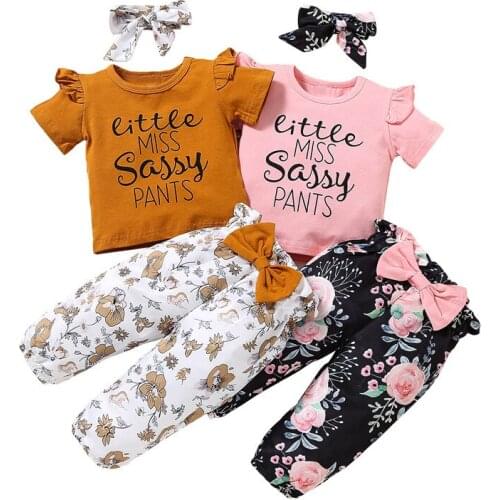 2021-04-20 Lioraitiin 3Pcs 1-5Y Toddler Baby Girl Summer Clothing Fashion Short Sleeve Letter Printed Shirts Top Floral Pant