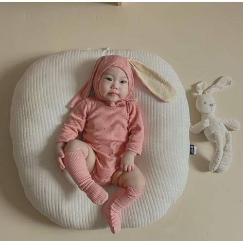 2021 Newborn Baby Ribbed Cotton Baby Clothes Boys Girls Long Sleeve Bodysuit+Rabbit Ear Hat+Socks 3 Pieces Jumpsuit
