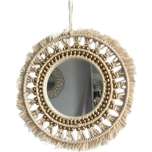 Beige Round Bohemian Mirror Macrame Hand - Made Cotton Rope Hanging Mirror Home Wall Room Decoration