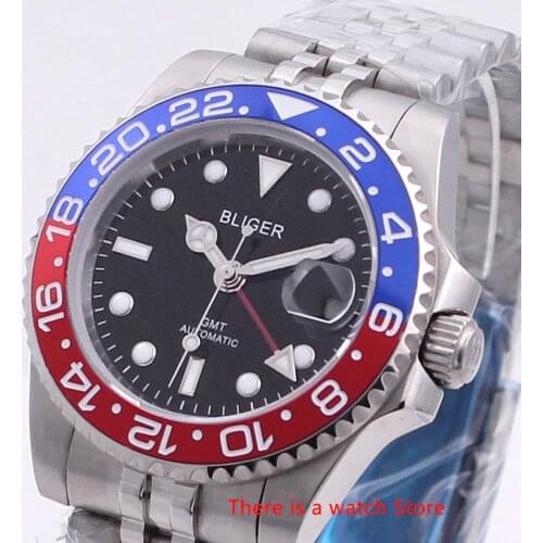 Bliger 40mm Automatic Mechanical Men Watch Luxury Sapphire Crystal Ceramic Bezel GMT Watch Luminous Waterproof Wristwatch Men