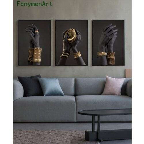 Black and Gold Hand with Gold Bracelet Canvas Painting African Wall Art Posters And Prints Modern Picture Living Room Home Decor