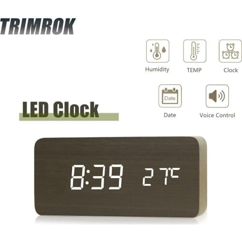 TRIMROK Wood LED Alarm Clock Watch Table Clock Electronic Desktop Clocks Voice Control 3 Modes Display Digital Despertador Decor