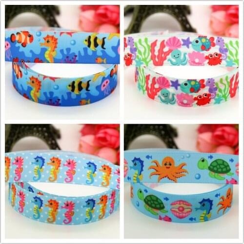 DHK 7/8'' 5yards sea horse animals printed grosgrain Ribbon headwear hair bow diy party decoration OEM 22mm C1191