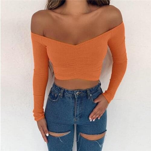 Women T-shirts sexy and club fashion female T-shirt long sleeve off shoulder solid color lady Tshirt autumn basic tees