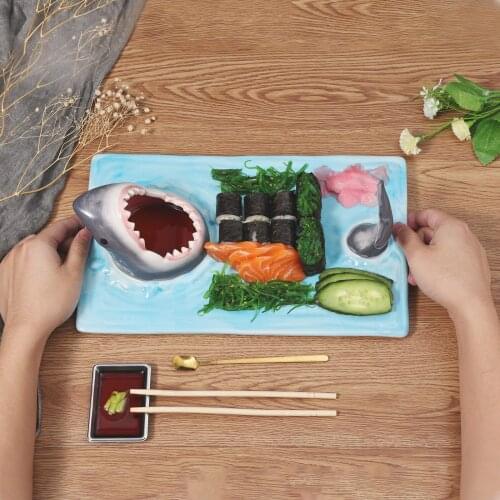 Ceramic Sushi Plate Shark Shape Rectangle Cheese Board Dining Table Kitchen Decoration Japanese-Style Skewer Plates