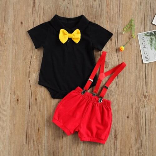 Boys 2Pcs Gentleman Clothes Set, Short Sleeve Bow Tie Decorations Solid Color Romper with Suspenders Short Pants