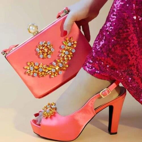Hot sale pink women pumps with big crystal decoration african dress shoes match handbag set V247,heel 11CM