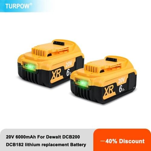 Turpow DCB200 20V 6000mAh Lithium Replacement Battery For DeWalt 18V DCB184 DCB200 DCB182 DCB180 DCB181 DCB182 DCB201 DCB206 L50
