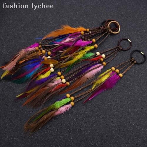 Fashion lychee Bohemian Dreadlock Beads Colorful Feather Elastic Ring Long Pendant Women Hair Extensions Tools