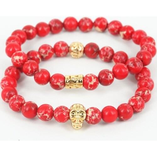 2pcs beaded gold-color skull head men bracelet natural regalite round stone beads women bracelet fine jewelry as a gift