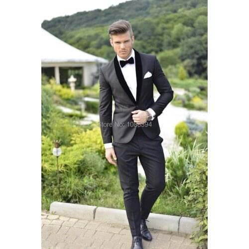 Custom Made Dark Grey Men Wedding Suit Slim Fit One Button Groomsmen Groom Tuxedos Fashion Prom Tuxedos For Men Jacket+Pants+Bow