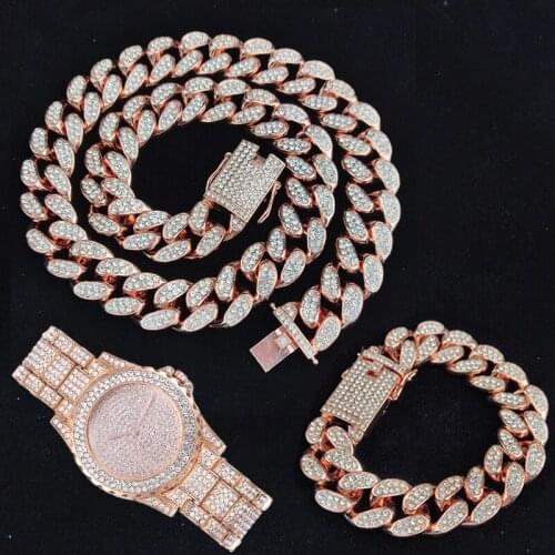 3pcs Kit Hip Hop 20MM Full Iced Out Paved Rhinestone CZ Miami Curb Heavy Cuban Rapper Necklace+Watch+Bracelet For Men Jewelry