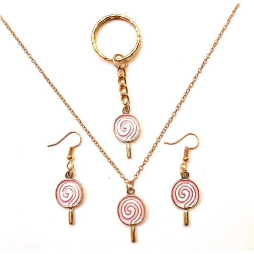 Enamel color food lollipop jewelry set sweet candy jewellery set necklace earrings keychain women fashion party gift bijoux