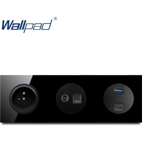 Wallpad EU French Socket With TV DAT USB 3.0 HDMI-compatible Crystal Tempered Pure Black Glass Panel 16A Wall Power Socket