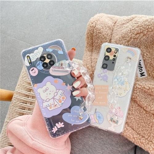 New Cute Bear Chain Wristband Case for Huawei Mate 30 Mate 40 Pro P30 P40 Mobile Phone Case Nova 5 6 7 Pro Soft Cover For Girl