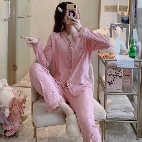 2021 Autumn Winter Sexy Lace V-neck Pajama Sets for Women 100% Cotton Long Sleeve Sleepwear Pyjama Homewear Pijama Mujer Clothes