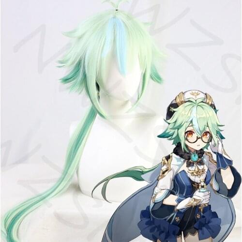 Genshin Impact Sucrose Wig Cosplay Long Straight Mixed Green Light Mint Heat Resistant Hair Women Halloween Role Play