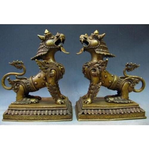 Song voge gem S0498 Tibet 100% Copper Bronze talisman Door Two beast Kylin Kirin Foo Dog Lion Pair