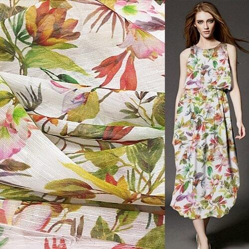 Colorful garden and floral print silk and linen blended fabric 14momme 55" width by yard,SLN071