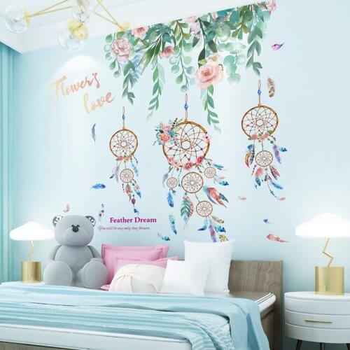 [SHIJUEHEZI] Dreamcatcher Feathers Wall Stickers DIY Flower Leaves Mural Decals for Kids Room Baby Bedroom Home Decoration