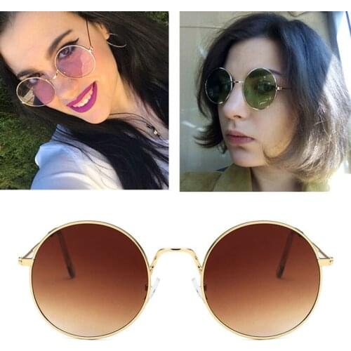 FEISHINI Brown Vintage Round Sunglasses Women Fashion Brand Designer Retro Eye glasses Men UV400 Metal Red Sun Glasses Shades