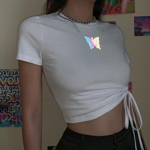 Reflective Butterfly Print y2k Tops Women 2020 Bandage Short Sleeve O Neck Tops T Shirt Lace Up Basic Tee Femme Mujer Camisetas