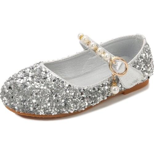 Girls Rhinestone Princess Shoes Soft Sole Leather Shoes 2021 New Baby Crystal Shoes Sequined Hot Fashion Pearl Shoes Sweet Flats