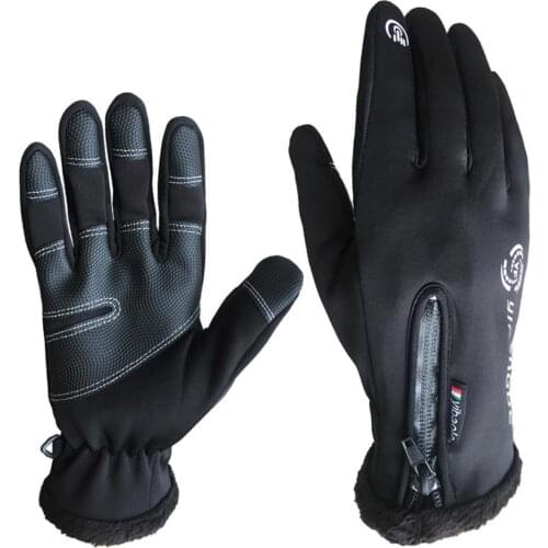 Windproof Waterproof Touch Screen Gloves Fleece Lined Warm Full Finger Zipper Black Gloves For Fitness Skiing Outdoor Riding