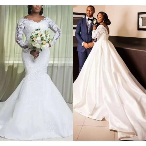 Vintage Plus Size Mermaid Wedding Dresses Lace Appliqued Bridal Gowns With Detachable Train V Neck Long Sleeves Robe de mariée