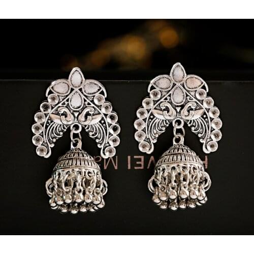 Vintage Women Silver Color Peacock Indian Jewelry Gypsy Ethnic Boho Tribe Bell Tassel Drop Earrings Jhumka Earrings Jewelry