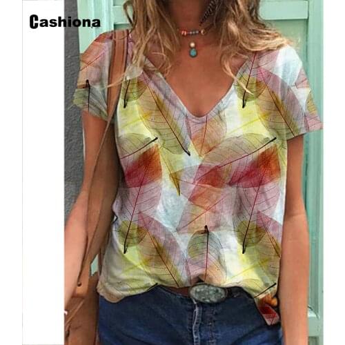 2021 Plus size 3xl Ladies Elegant Leisure Casual T-shirt Boho Flower Print V-neck Loose Women Tops Clothing Femme Tees shirt