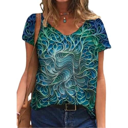 New Women Summer T Shirt Casual Abstract Painting Print 3XL Plus Size Ladies Short Sleeve Tops Tee Fashion V-Neck Female T Shirt
