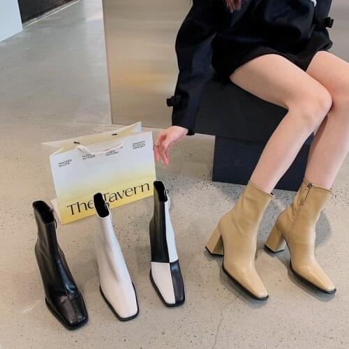 High Heel Womens Martin Boots Female New 2021 Spring Autumn Square Toe Short Boots British Style Plus Velvet Thick Heel Boots