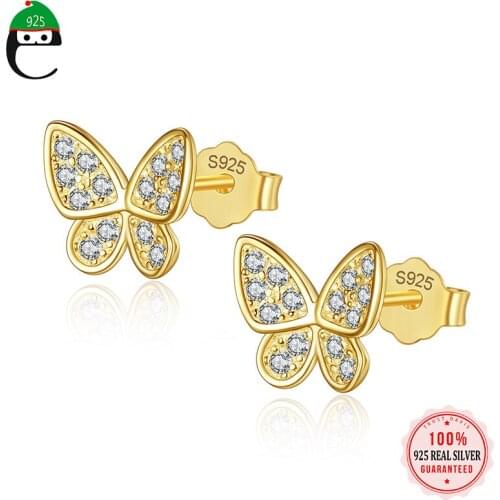 ElfoPlataSi Real 925 Sterling Silver Butterfly Shiny Zircon Stud Earrings Women Simple Temperament Wedding Party Jewelry L054
