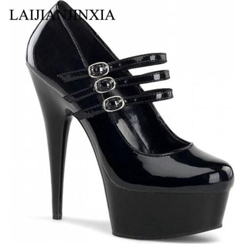 2016 Ankle Strap shoes woman spring/autumn Round Toe 15cm high heels platform wedding pumps,Big 35-45 46