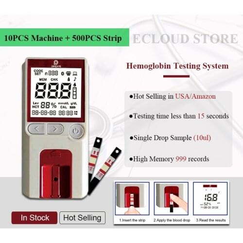 10PCS Hemoglobin meter for test blood/Hemoglobin test machine with 500PCS hemoglobin strips (Strips EXPIRY DATE 2022-07)