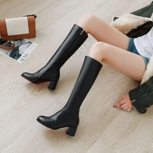 2021 Fashion High Heels Women Knee High Boots Pu Leather Office Ladies Dress Shoes Spring Autumn Zip Boots Woman Big Size 33-48