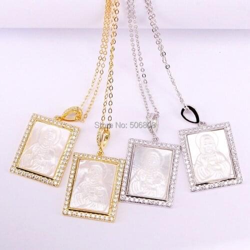 6PCS ZYZ-N2781 Rectangle Shell Pendant with Religious Jesus Virgin Pattern CZ Micro Gold /Silver color Pendant Jewelry Necklace