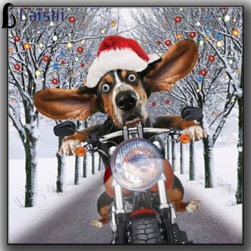 5D Diy Diamond Painting Animal Christmas decoration, puppy riding a small battery car Full Drill Christmas Gift Handicraft Decor