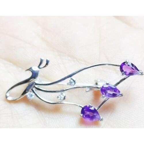 Natural real amethyst or sapphire brooch Free shipping 925 sterling silver Peacock style 0.4ct*3pcs gemstone C19021102