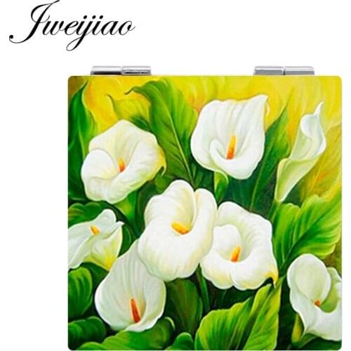 Youhaken Flowers Potted Plant Photo Makeup Mirror Mini Folding Square 1X/2X Magnifying PU Leather Pocket Mirror Beauty Health