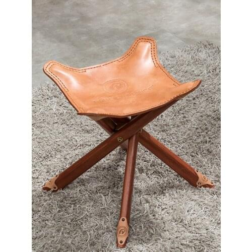 Four Legs Wood Artist Folding Stool W/Cow Leather Seat Living Room Furniture Indoor Portable Wooden Stool Outdoor Fishing Camp